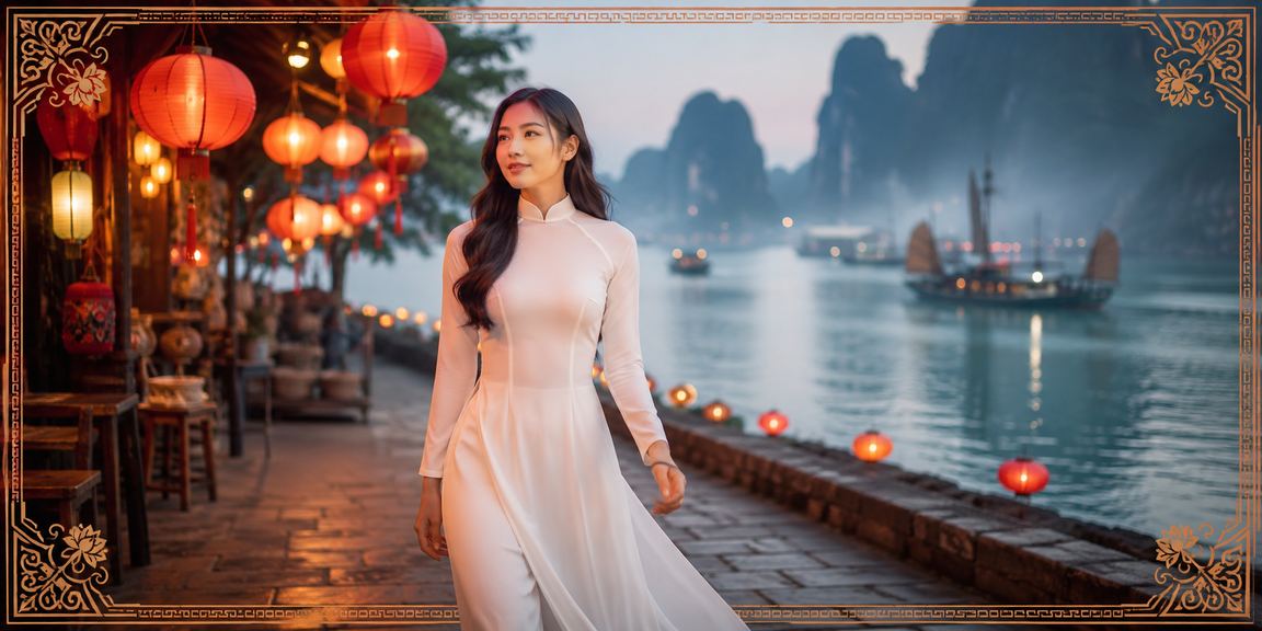 Người mặc áo dài tại Vịnh Hạ Long trải nghiệm game trực tuyến giữa cảnh biển